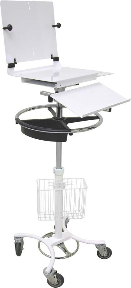 Omni Transport Cart #350707 With Security Tablet Head Assembly Color: White / Custom colors also available Construction: Heavy gauge steel and aluminum Low center of gravity base with tough