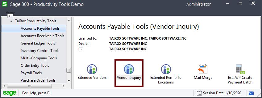 Using Vendor Inquiry Using Vendor Inquiry The Vendor Inquiry icon appears under TaiRox Productivity Tools > Accounts Payable Tools on the Sage 300 desktop and can be copied