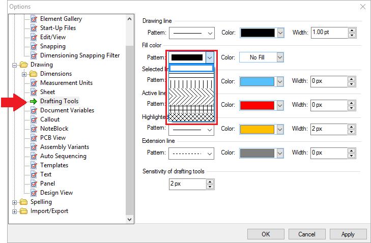 New Functionality Details Default Pattern for Shape Fills Fills assigned default pattern when added to a drawing A default