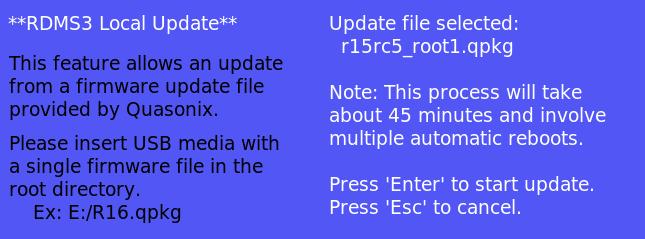 7. If a proper update file is found, the name of the file displays on the front panel along with additional instructions, as shown in Figure 19.