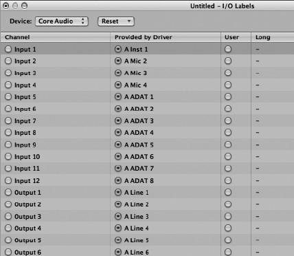 In Logic, choose Options > Audio > I/O Labels. 2. Select the labels in the Provided by Driver column. 3. Close the I/O Labels window.