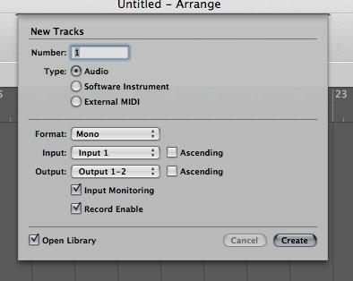 If you are recording a single microphone or instrument, make the following selections in the New Tracks dialog