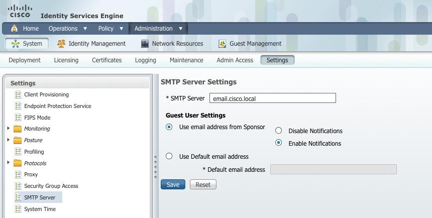 Step 1: Using the Cisco ISE admin management web interface, navigate to Administration > System > Settings > SMTP Server, and then enter the location of the SMTP server that should be used to send