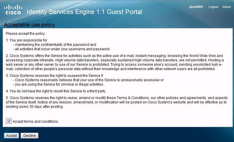 Step 2: The browser is redirected to the Cisco ISE Guest Portal where the guest account credentials can be entered.