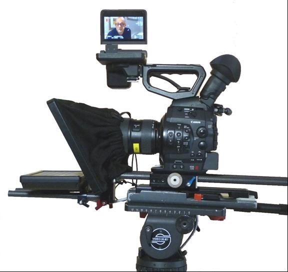 Picture showing 365 rigged on camera with a 7 prompter display, note