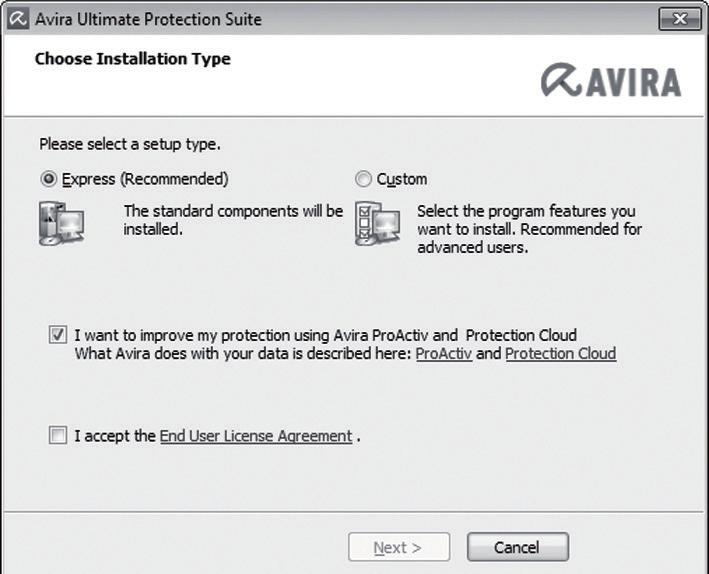 4.2 Installing from CD when online u Insert the Avira Ultimate Protection Suite CD. If autostart is enabled, click Open folder to view files.
