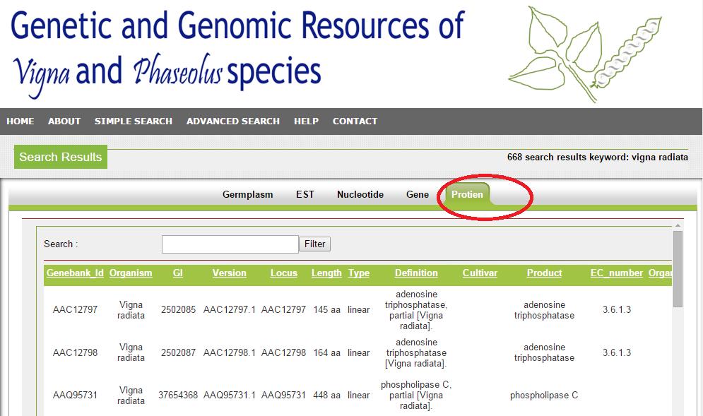 Simple Search> See full details of genomic resource of protein as GeanbankId, GI, Version, Locus, Length, Type,