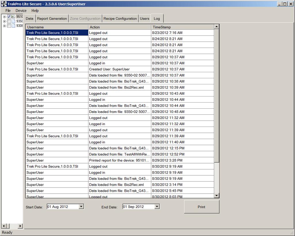 Log Tab The Log Tab displays the events generated by user actions as required by 21 CFR Part 11; it is viewable only to a user with administrative privileges.
