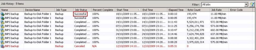 The Job Monitor tab with Job History highlighted If the backup has completed with no problems, Successful displays