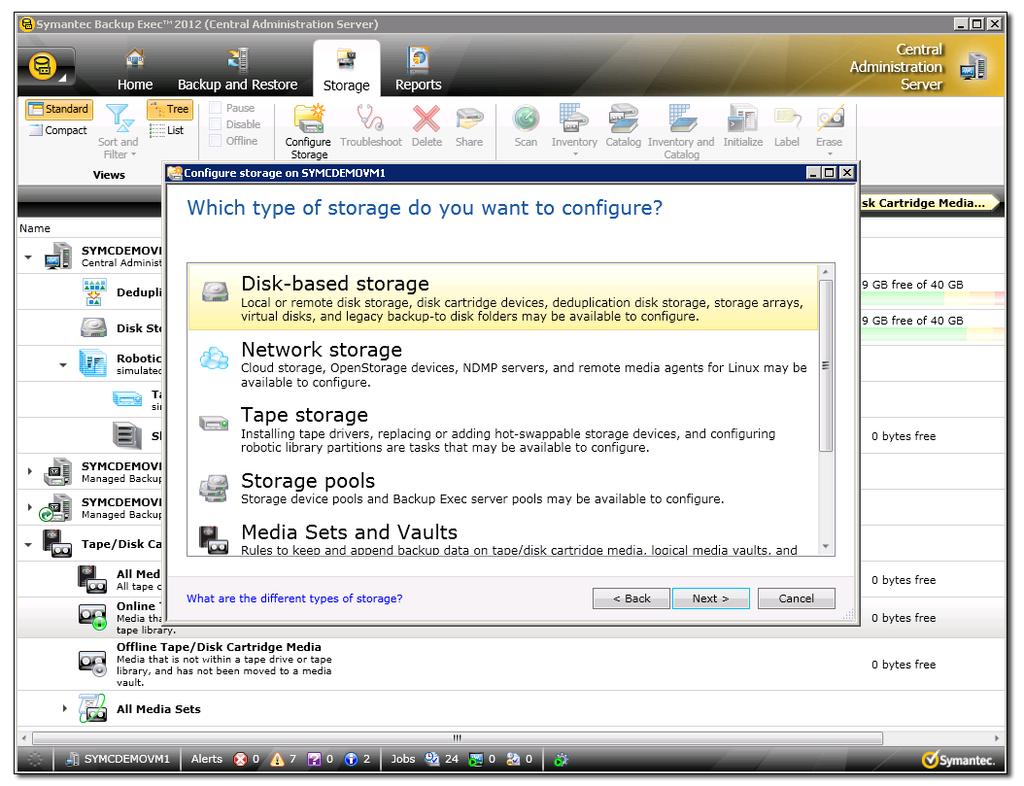 18 What's different in Backup Exec 2012 Changes to data retention on disk storage Figure 1-5 Configure Storage wizard on the Storage tab in Backup Exec 2012 Changes to data retention on disk storage