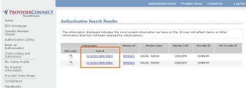 2. Click the desired Auth # hyperlink on the Authorization Search Results screen.