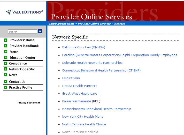 Figure 67: Network-Specific Screen Examples of network information that can be accessed from this screen are: Clinical and administrative forms as well as instructions for completion