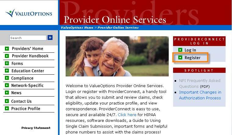 New User Registration New users must register to access ProviderConnect. 1. Click on Register. Figure 2: New User The Provider Online Services Registration screen will display. 2. Fill out the fields.