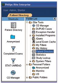 The isite Tools folder contains links to the primary areas and tools in isite Enterprise, such as the Patient Directory, CD Manager, and Worklist Filters.