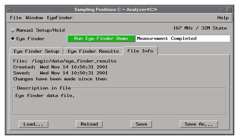 Chapter 3: Reference Importing Netlist and ASCII Files File: Created: Saved: Load... Reload Save Save As... Name of the eye finder data file. Date and time the eye finder data file was created.