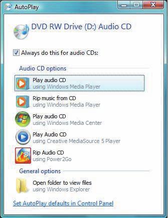 If you insert a music CD when Windows Media Center is not open, the AutoPlay window appears and lists various options.