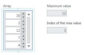 5.3. Questions 5.3.1. Finish the example. Show a figure of the diagram and panel. 5.3.2. Change the maximum element in the array to 0. Run the code again. Does the example VI find the correct value?