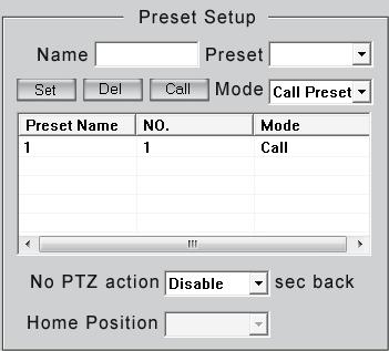 Preset Set the preset number for the current camera Set Up the preset by current configuration.