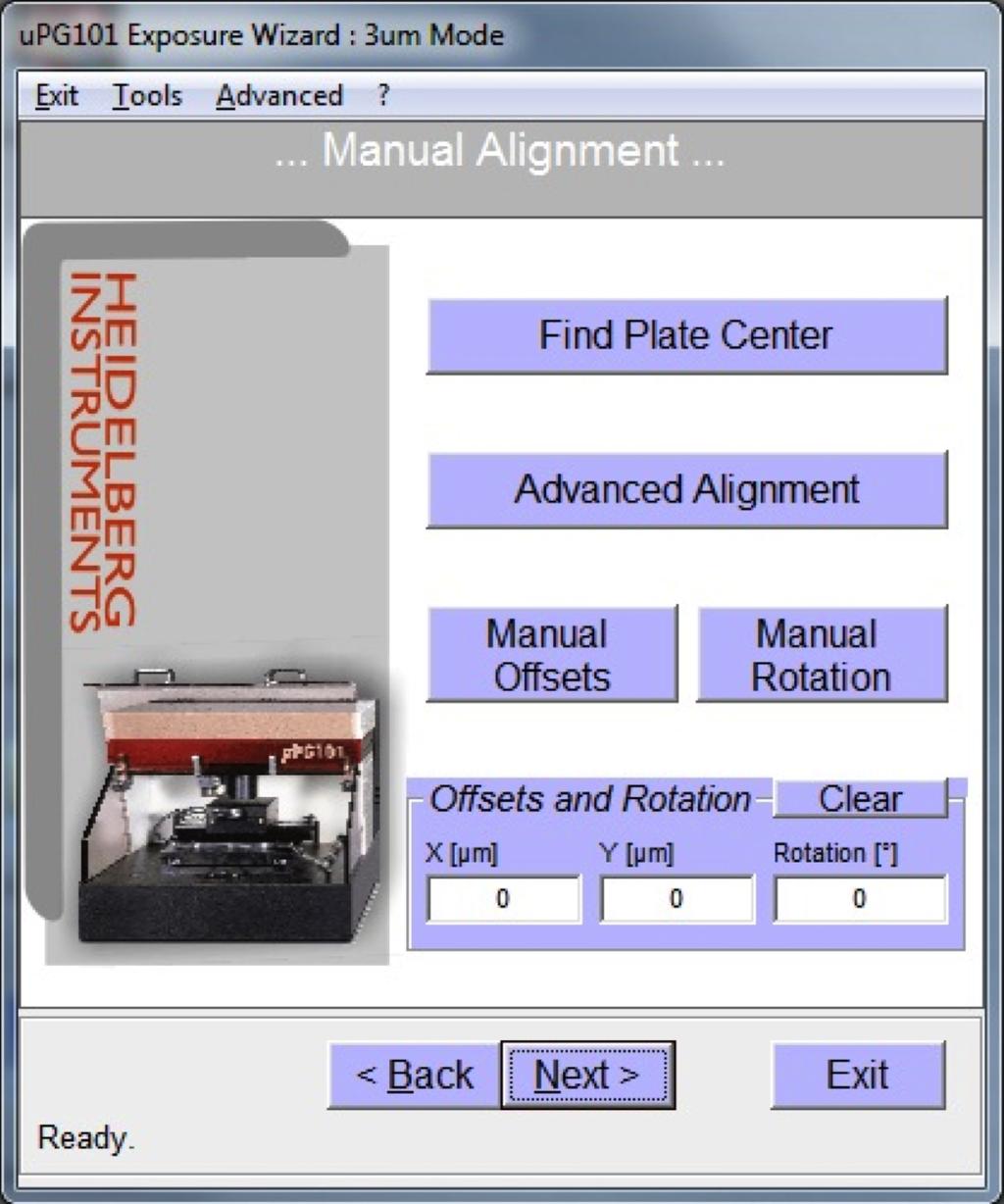 6 Manual Alignment 7.6.1 Default is no alignment design centered to stage center 7.6.2 Confirm Offsets are appropriate for design, see Figure 7, Manual Alignment 7.