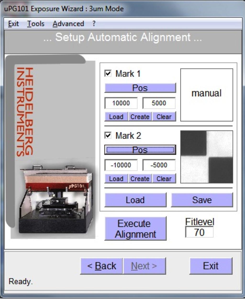 Heidelberg Pattern Generator SOP Page 14 of 15 Revision 2-080812 Figure 11, Setup Automatic Alignment 9.1.2 9.1.3 Option, Advanced Alignment - Contact staff to assist using Advanced alignment, see (insert ref) 9.