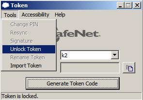 Unlock Token If an incorrect PIN is entered into the token too many times consecutively, the token will become locked. If your token is locked, click the Unlock Token option.