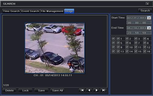 6.4 Search by Image NVR User Manual Step 1: Enter into Menu Search Image tab. Step 2: Select data and channels on the right hand side.