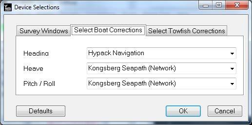 Select the Select Boat Corrections tab. c d e For Heading, select Hypack Navigation from the drop-down list.