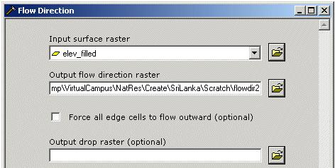 Step 8 Set flow direction for filled elevation layer Now you'll need to determine the direction of flow for the new elevation raster. Open the Flow Direction tool.