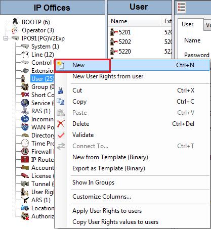 Configure New SIP User From the left window right click on Users and select