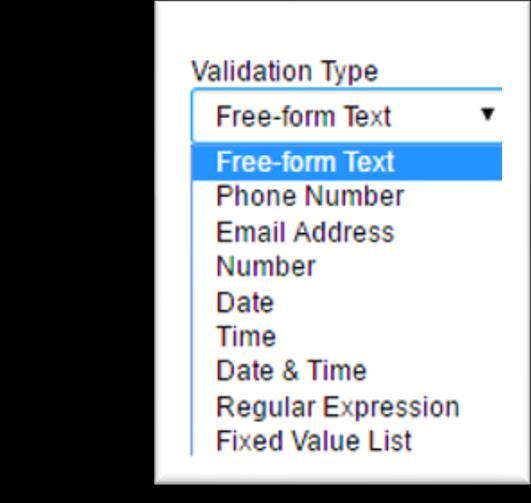 Phone Number This option will allow you to Capture Express Consent. Validation Type Validation type will verify the format used in a data field.