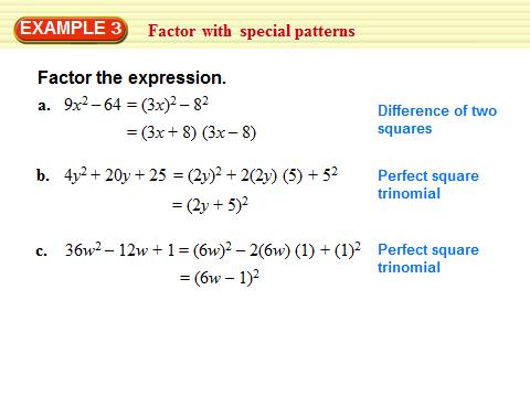 Example 2: Factor ax 2 + bx + c where c<0 Example 3: Factor with Special Patterns These