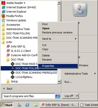 Section 6 Doc-Trak Form Output Click on Windows Start, All Programs, Infor, Doc-Trak, Doc-Trak Polling. Then click properties. Copy the URL in the Doc-Trak Polling Properties.