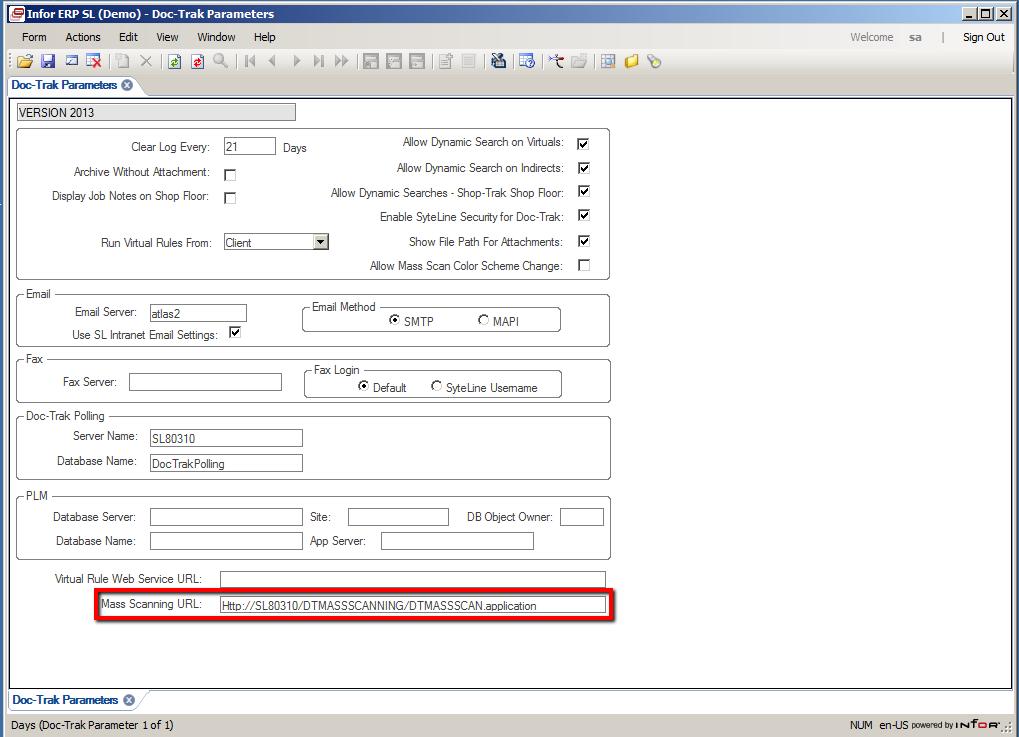 Copy the URL and enter it into the Mass Scanning URL field on the Doc-Trak Parameters form.