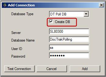 Doc-Trak requires a Doc-Trak Polling Database. Add the Doc-Trak Polling Database using the same steps as used above for the App, Forms and Objects Database.