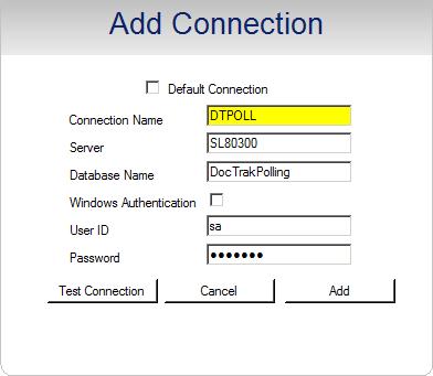 If you are using SQL authentication, leave the box unchecked and enter in the SQL user ID and password that has been granted access to the DocTrakPolling database. Click Test Connection.