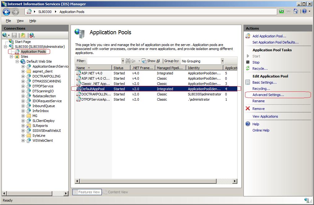Next, click on Application Pools from the Connections area of Internet Information Services (IIS) Manager and highlight the