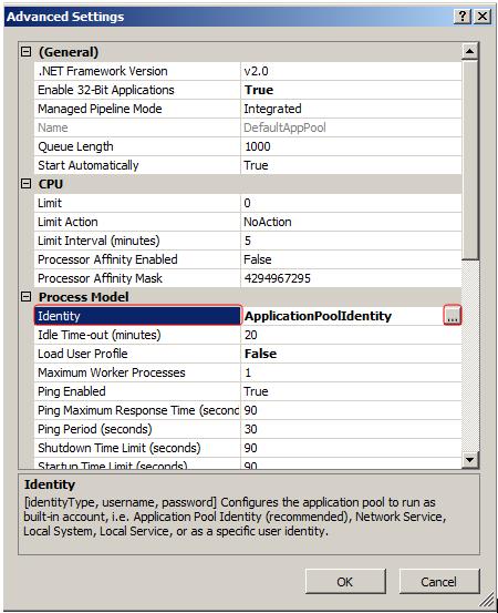 On the Advanced Settings form, click on Identity and then click on the [ ] to the right of the NetworkService.