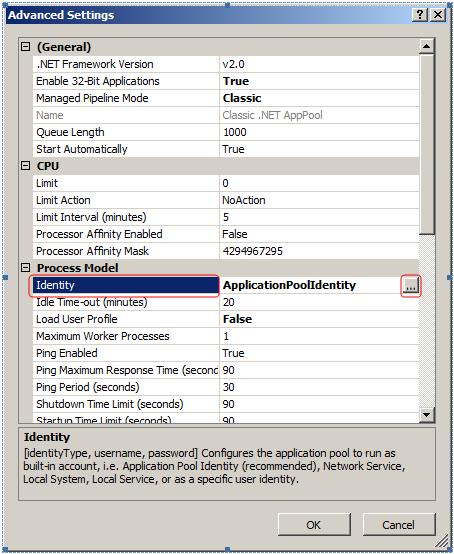 On the Advanced Settings form, click on Identity and then click on the [ ] to the right of the NetworkService.