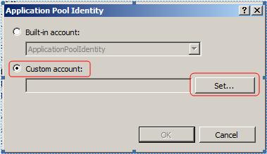 Next, click on the Custom account radio button then click the Set button. Enter the domain administrator account.