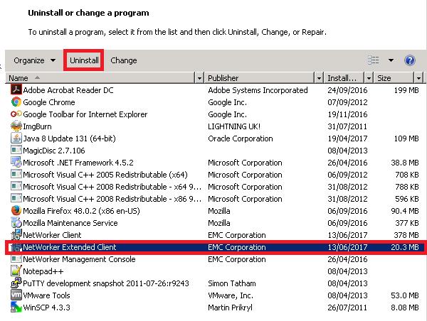 Microsoft Windows Installation Figure 12 Uninstall the NetWorker Extended Client software b.
