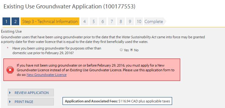If the answer is No, the following warning text will appear on the screening stating that you need to apply for New Groundwater Licence