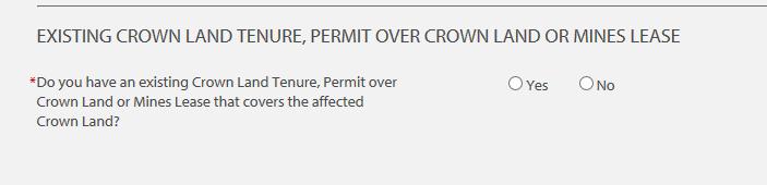Yes Existing Crown Land Tenure, Permit Over Crown Land or Mine Lease If Yes, additional information is requested as shown below: No Existing Crown Land