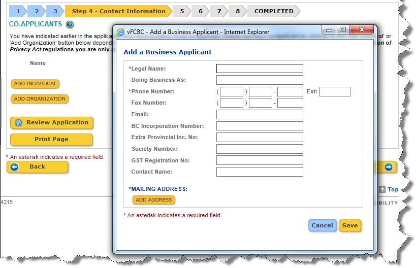 Add a Business Co- Applicant If the co-applicant is an organization, click the button.