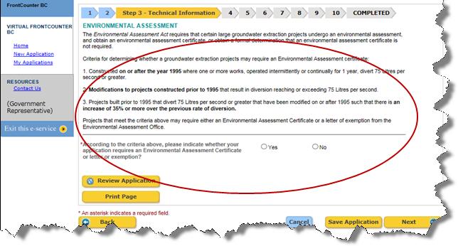 determination that an environmental assessment certificate is not required. Read the determination criteria displayed on the screen and answer appropriately.