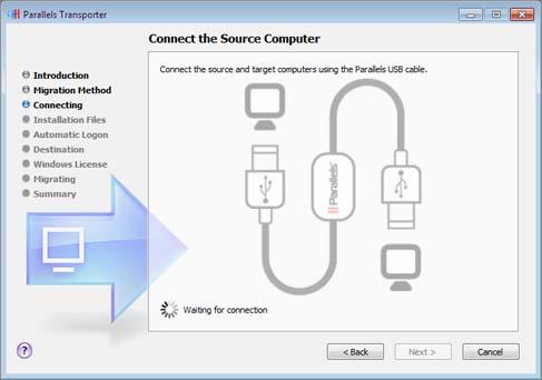 Migrating With Parallels Transporter 3 Connect the Parallels USB cable to your Windows PC and to the host computer. 4 If the Windows PC is running Windows XP, the Found New Hardware wizard opens.
