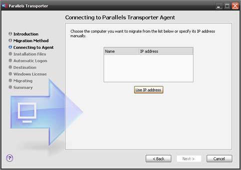 4 In the Introduction window, select Parallels Transporter Agent is open on the source PC and click Next.
