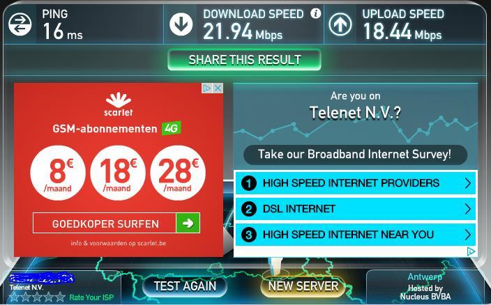 Test results Figure 10: Speed test tunnelled using WPA2 and LAN concentrator Notice the ISP changed to Telenet again, it really is a different VM. I also tried the FTP session again.