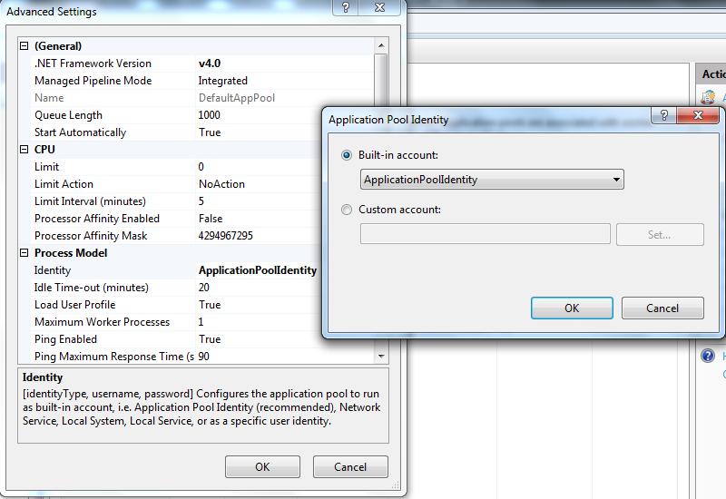 Figure 19: Application Pool Identity Steps to open Advanced Settings window for Application Pool: 1. Select Application Pools node under Connections Pane in IIS. 2.