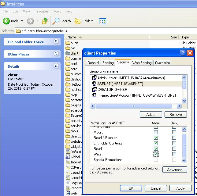 Figure 25: Granting Access Permissions 2. Rename the file web_for_iis_5_or_6_framework_2.0.config to web.