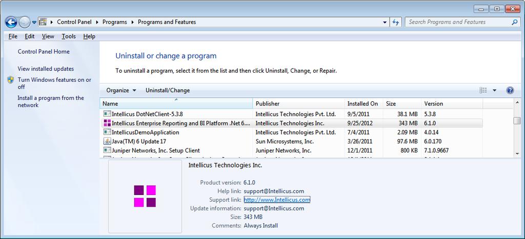 4 Uninstalling Intellicus Use Add/Remove Programs window in the Control Panel to uninstall Intellicus. Click Start > Settings > Control Panel > Add/Remove Programs.